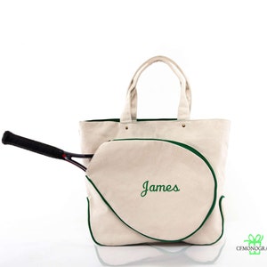 Monogrammed Tennis Bag Racquet Tote Canvas Monogram, Personalized Tennis Tote Bag, Tennis player gift, Beige & Green Tennis