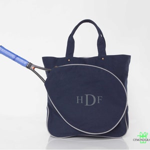 Monogrammed Tennis Bag Racquet Tote Canvas Monogram, Personalized Tennis Tote Bag, Tennis player gift, Navy & Grey Tennis Racquet Tote Bag
