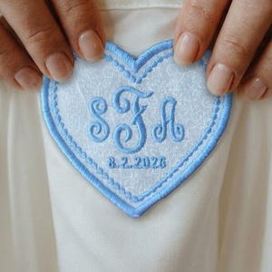 Personalized Embroidered Heart Wedding Dress Label, Something Blue Keepsake (Monogram + Date)