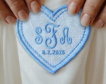 Personalized Embroidered Heart Wedding Dress Label, Something Blue Keepsake (Monogram + Date)