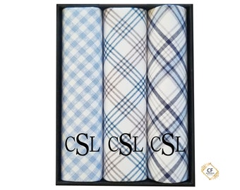 Mens Monogrammed handkerchief Set of 3 Gifts for Him Personalized Handkerchief Gray Cotton Plaid Handkerchiefs