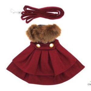 Red Wool Coat w Brown Faux Fur Collar w Harness, Burgundy Pet Jacket, Pet Coat for Dogs, Dog Petty Coat, Dog jacket coat Dog Clothes