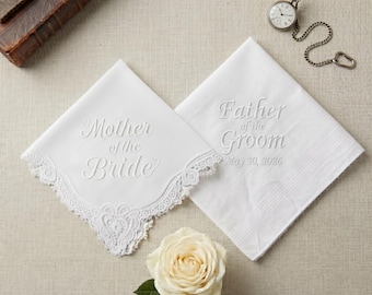 Personalized Wedding Handkerchief Set: Mother Bride, Father Groom Embroidered Lace Cotton