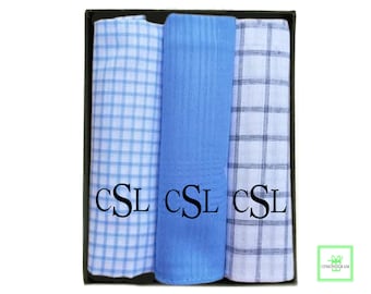 Mens Plaid Monogrammed Handkerchief Set, 100% Cotton