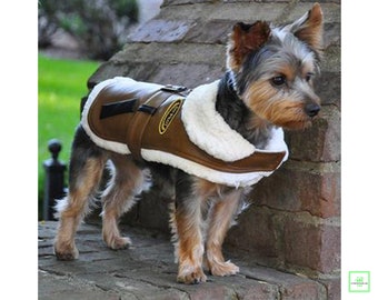 Brown and Black Faux Leather Bomber Dog Coat Harness and Leash