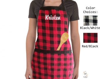 Personalize Apron, Buffalo Plaid Cotton Adjustable Gourmet Chef Apron with Pocket and Long Ties, Buffalo Plaid Apron