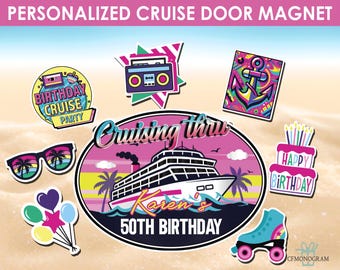 Imán decorativo personalizado para puerta de crucero de cumpleaños estilo retro de los 90