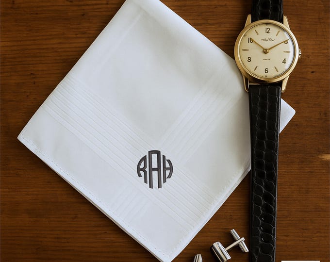 Mens Handkerchiefs • Monogram Embroidered Pocket Squares • Wedding Gift for Groomsmen, Dad, Husband • Birthday, Christmas, 2nd Anniversary