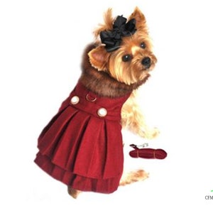 Red Wool Coat w Brown Faux Fur Collar w Harness, Burgundy Pet Jacket, Pet Coat for Dogs, Dog Petty Coat, Dog jacket coat Dog Clothes