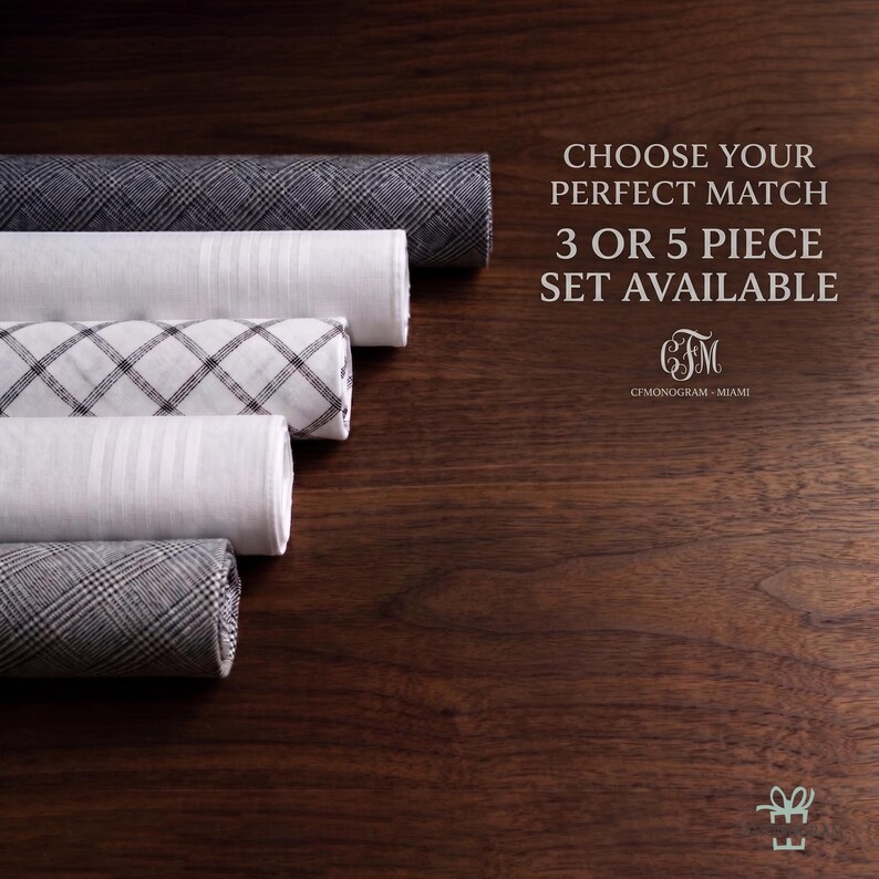 Puede incluir: Muestras de tela enrolladas en varios patrones, incluyendo dise&ntilde;os a cuadros y a rayas, se disponen sobre una superficie de madera oscura. Se muestra el texto "CHOOSE YOUR PERFECT MATCH 3 OR 5 PIECE SET AVAILABLE". La imagen presenta un logotipo y el texto "CIMONOGRAM - MIAMI".