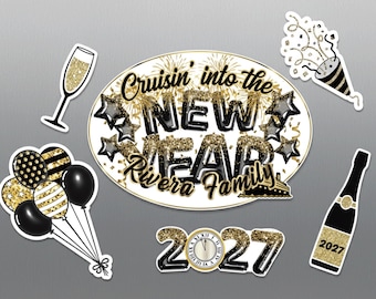 Personalized New Year Cruise Door Magnets, Cruisin' into 2027, Black Gold Decor