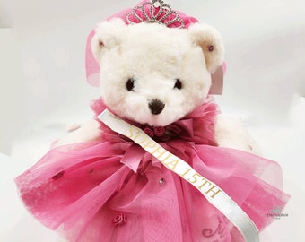 12" Personalized Birthday Teddy Bear, Quince Años Quinceañera Last Doll, Sweet 15 Teddy Bear,Birthday teddy gift, Victorian Teddy Bear,Tulle