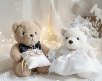 Luxury Bride & Ring Bearer Keepsake Bears – Handmade Satin Pillow and Personalized Satin Ribbon Wedding