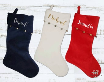 Personalized Velvet Christmas Stocking w Jingle Bells, Christmas Stocking personalized, Christmas Stocking w name, Christmas home decor