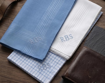 Personalized Men's Handkerchief Set, Monogrammed Blue Cotton Pocket Square (Set of 3)