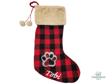 Personalized Buffalo Check Paw Print Stocking, Pet Stocking, Pet Christmas Stocking with Custom Name, Cat Christmas Decor