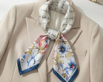 Personalized Silk Scarf, Blue Floral Print, Hand Rolled Hem