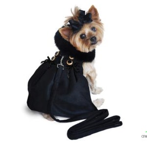 Black Wool Coat w Black Faux Fur Collar w Harness, Pet Jacket, Pet Coat for Dogs, Dog Petty Coat, Dog jacket coat, dog clothes for small dog