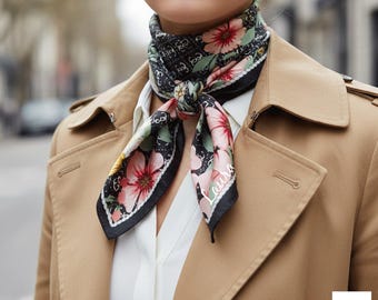 Personalized Floral Satin Scarf, Hand-Rolled Hem, Custom Name