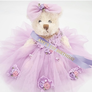8&quot; Personalized Lilac Birthday Bear, Birthday Teddy Bear, Quince Años Quinceañera Last Doll, Sweet 16 Teddy Bear, Victorian Teddy Bear