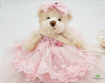 Oso de peluche personalizado para cumpleaños, vestido de tul rosa, regalo para quinceañera.