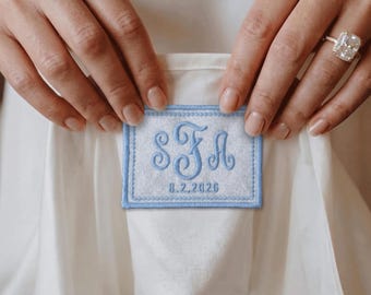 Personalized Embroidered Wedding Dress Label, Damask Cotton, Monogram Gown Tag (Rectangle)