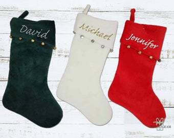 Personalized Velvet Christmas Stocking w Jingle Bells, Christmas Stocking personalized, Christmas Stocking w name, Christmas home decor