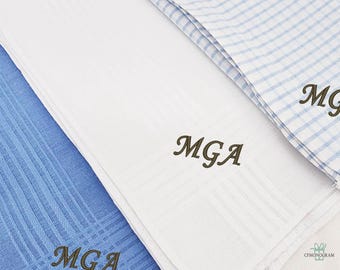 Mens Handkerchief Set of 3 or 5, Monogram Handkerchiefs, Blue Plaid, 100% Cotton,Hankies Gift Grandpa,Gift for Him,Personalized Handkerchief