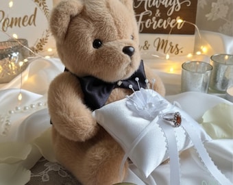 Luxury Ring Bearer Keepsake Bear – Handmade Satin Pillow & Personalized Ribbon Wedding Gift