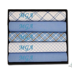 Herrnäsdukar med monogram, set om 3 eller 5 - Blårutiga näsdukar i 100 % bomull | Personlig present till morfar, pappa eller honom
