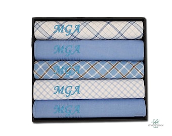 Set di 3 o 5 fazzoletti monogrammati da uomo - Fazzoletti 100% cotone a quadri blu / Regalo personalizzato per nonno, papà o lui