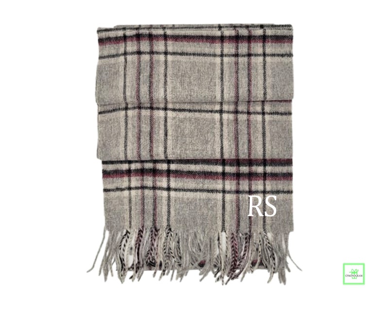 Embroidered Wool Scarf, Grey and burgundy Monogrammed Plaid Scarf Monogram Scarf, Gift for Her, Personalized Scarf, Tartan Plaid image 3