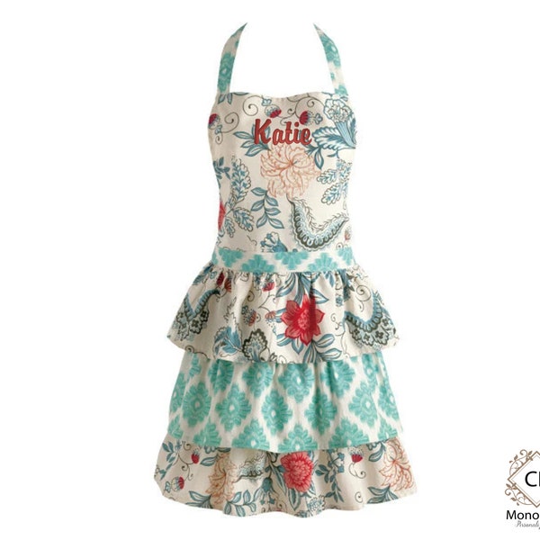 Personalize Vintage Style Apron Dress, Blue Ikat Cotton Adjustable Gourmet Chef Apron with Long Ties, French Blue Apron