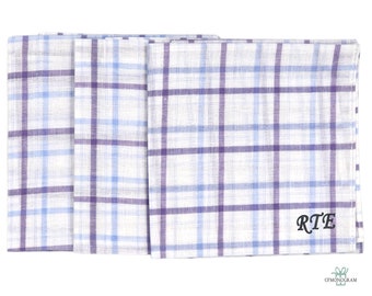 Mens monogrammed handkerchiefs, Gift for Grandpa, Gifts for Him, Personalized Handkerchief, Purple Plaid /Blue Plaid Cotton Handkerchiefs