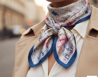 Personalized Silk Scarf, Blue Floral Print, Hand Rolled Hem