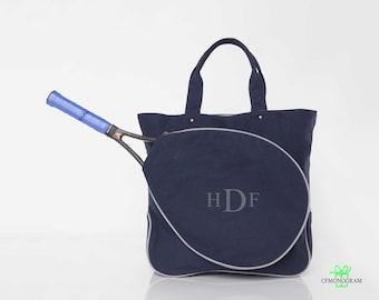 Monogrammed Canvas Tennis Tote Bag, Personalized Racquet Carrier