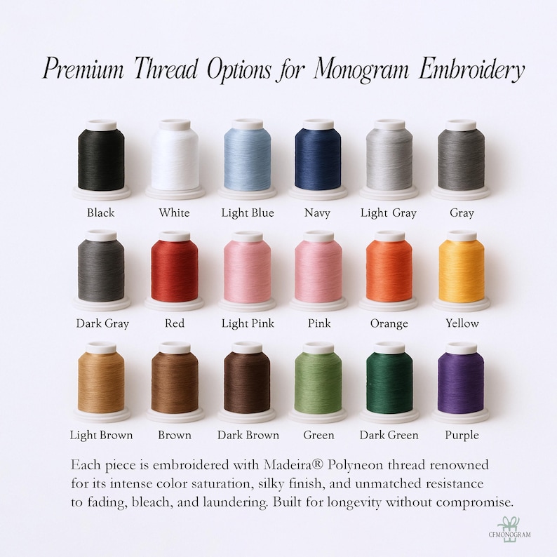 Puede incluir: Imagen que muestra una variedad de colores de hilo para bordado de monogramas. La imagen muestra carretes de hilo en colores como negro, blanco, azul claro, azul marino, gris claro, gris, gris oscuro, rojo, rosa claro, rosa, naranja, amarillo, marr&oacute;n claro, marr&oacute;n, marr&oacute;n oscuro, verde, verde oscuro y morado. El texto dice "Premium Thread Options for Monogram Embroidery."