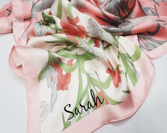 Personalized Floral Pink Satin Scarf - Custom Initial Bandana