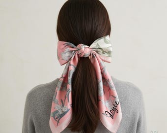 Personalized Pink Satin Scarf – Custom Floral Bandana, Mother's Day Gift