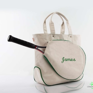 Monogrammed Tennis Bag Racquet Tote Canvas Monogram, Personalized Tennis Tote Bag, Tennis player gift, Beige & Green Tennis Racquet Tote Bag