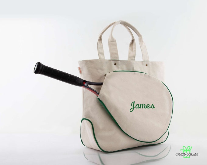 Monogrammed Tennis Bag Racquet Tote Canvas Monogram, Personalized Tennis Tote Bag, Tennis player gift, Beige & Green Tennis Racquet Tote Bag