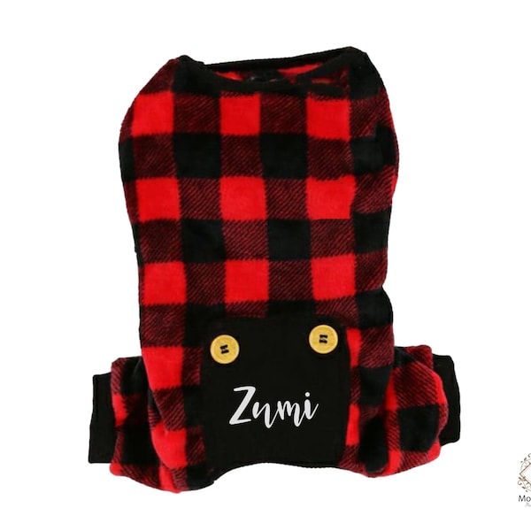 Personalized Red Buffalo Plaid Pet Pajamas, Pet Pajamas for Dogs, Personalized Dog pajama, Custom Dog Pjs, Dog clothes for small dogs