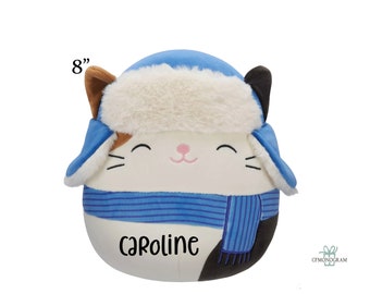 Personalized Squishmallow Cam Cat Blue Scarf Hat 8 inch, Holiday Christmas Custom Squishmallow, Birthday Gift,Personalized Stuffed Animal