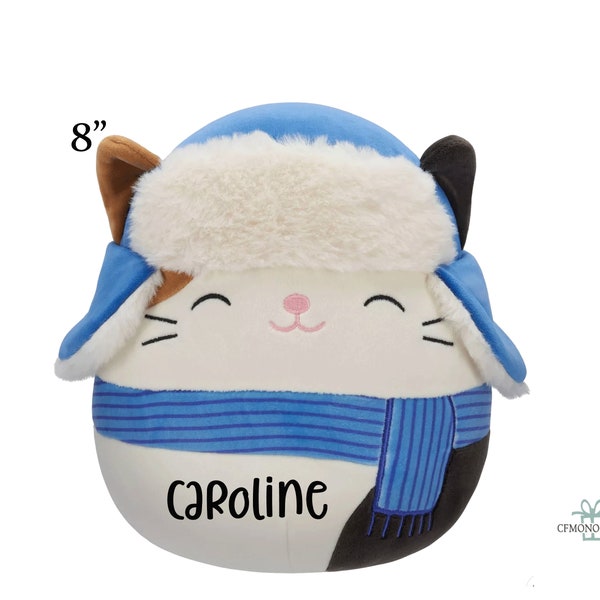 Personalized Squishmallow Cam Cat Blue Scarf Hat 8 inch, Holiday Christmas Custom Squishmallow, Birthday Gift,Personalized Stuffed Animal