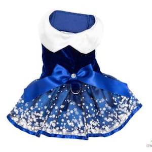 Dog Dress, Christmas Dress, Holiday Dress,  Dog Harness Dress, Snowflakes Christmas Dress for Pet, Royal Blue Satin Snowflake Dress