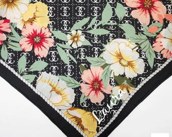 Personalized Silk Scarf, Black Floral Print, Hand Rolled Hem (28" Square)
