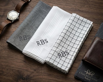 パーソナライズされたグレーのハンカチセット、モノグラム入りコットンギフト（夫、新郎付添人、記念日用）