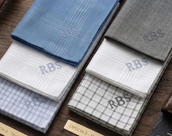 Pañuelos personalizados para hombre, juego de 3 piezas, pañuelo de bolsillo con monograma personalizado, regalo para esposo, papá, aniversario, disponible en azul o gris moderno.