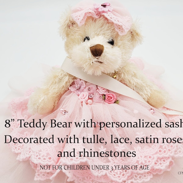 8" Ballerina Bear Tulle Dress w Rhinestones, Quince Años Quinceañera, Pageant Teddy Bear w personalized sash, Sweet 16 Teddy Bear