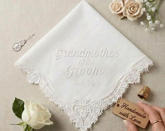 Pañuelo bordado para la abuela del novio / Recuerdo de boda de algodón personalizado